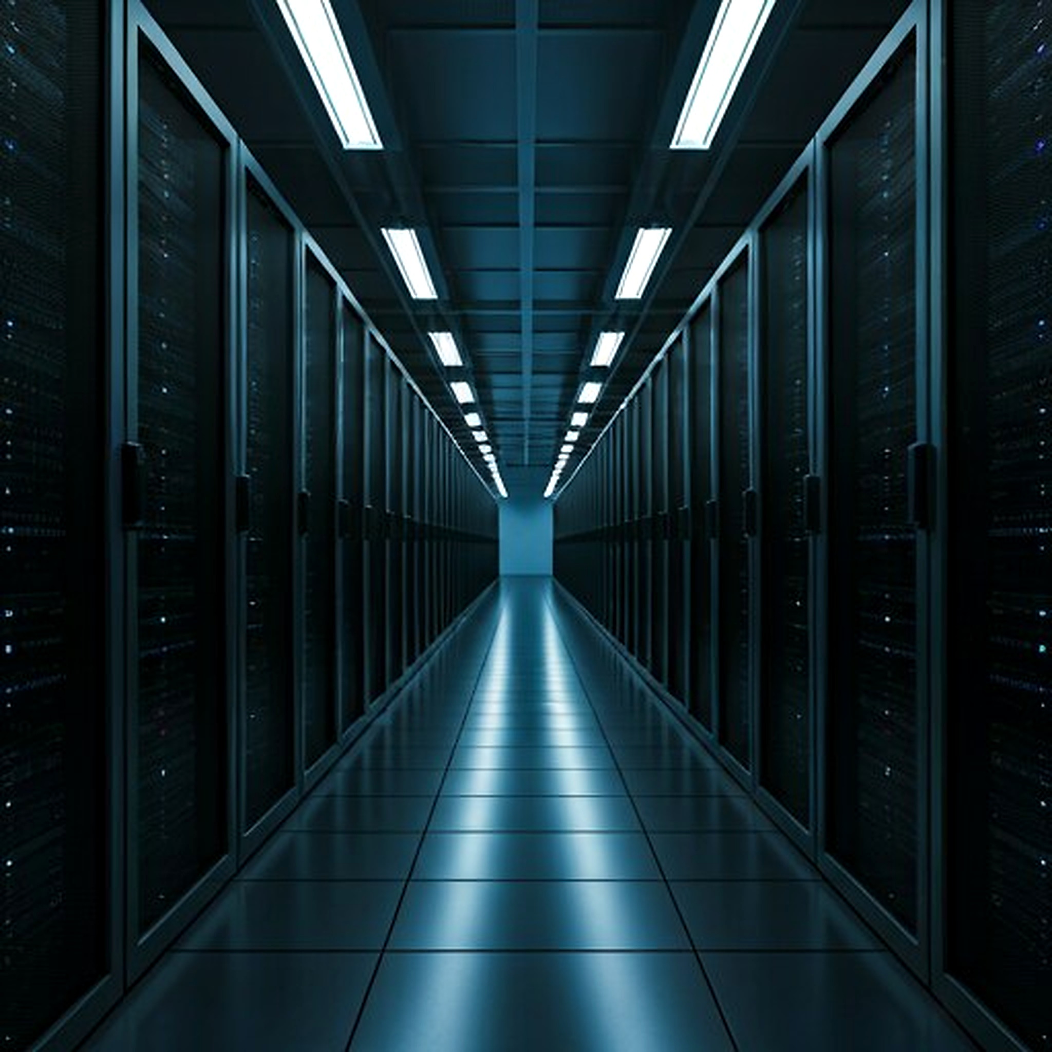 Data center corridor lit in cyan