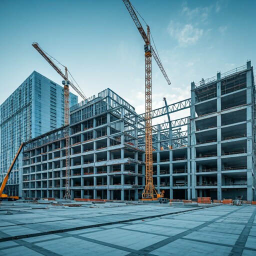 Illustrative example of a commercial construction site with structural frame and tower cranes.