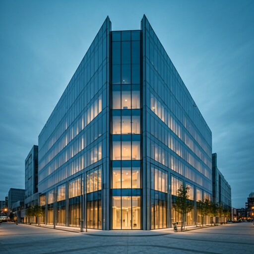 Illustrative example of a completed commercial office building with glass facade and site landscaping.