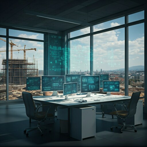 Illustrative example of an integrated project coordination environment overlooking an active construction site.