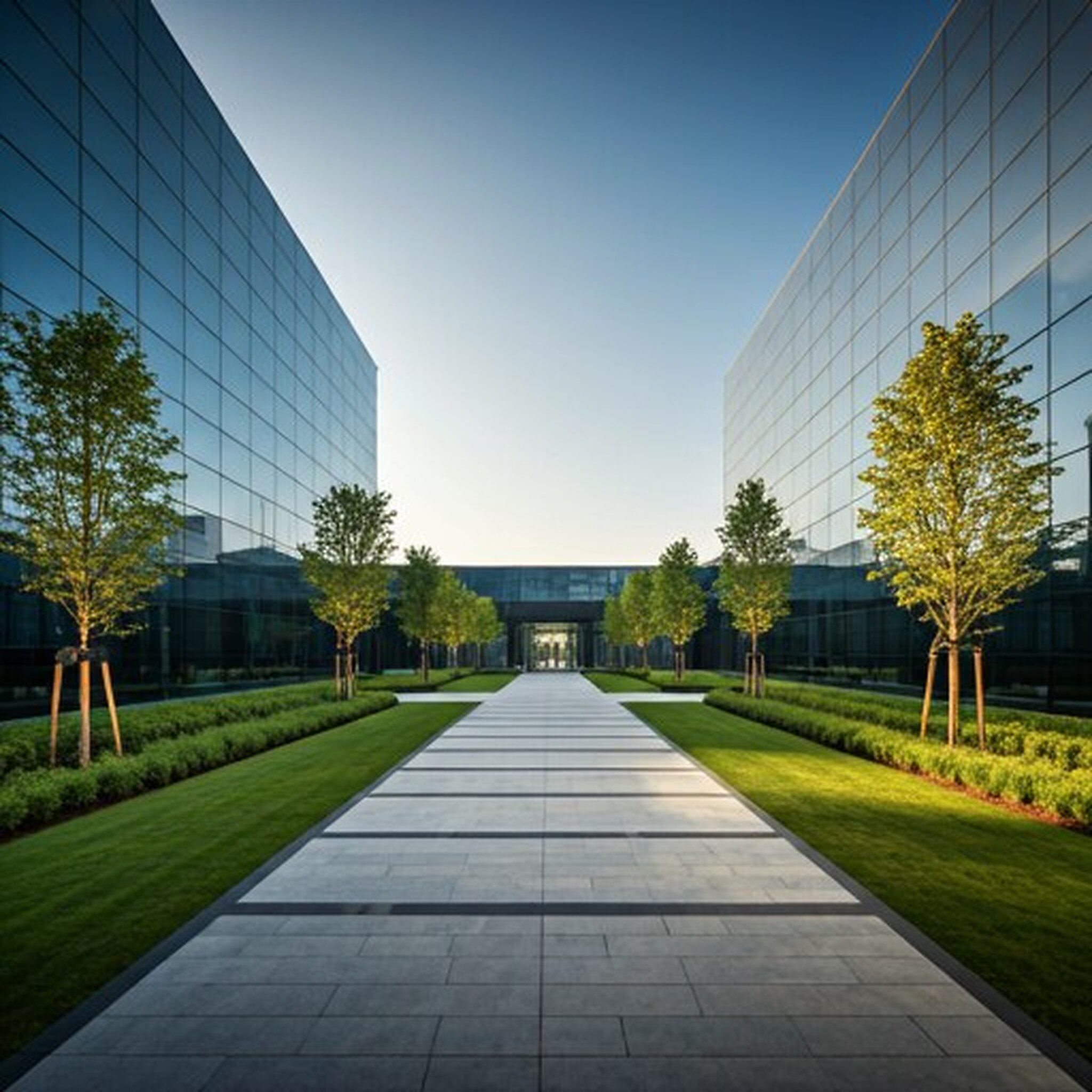 Illustrative example of a finished corporate courtyard with paved walkways, lawn, and structured planting.