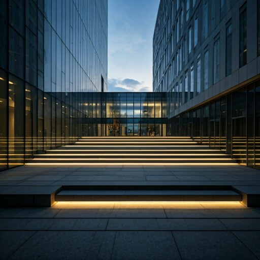 Illustrative example of a corporate plaza with illuminated stairs, paved surfaces, and integrated site lighting.