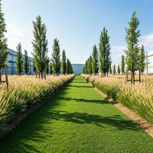 Illustrative example of a campus landscape with specimen trees, ornamental grasses, and a manicured lawn corridor.