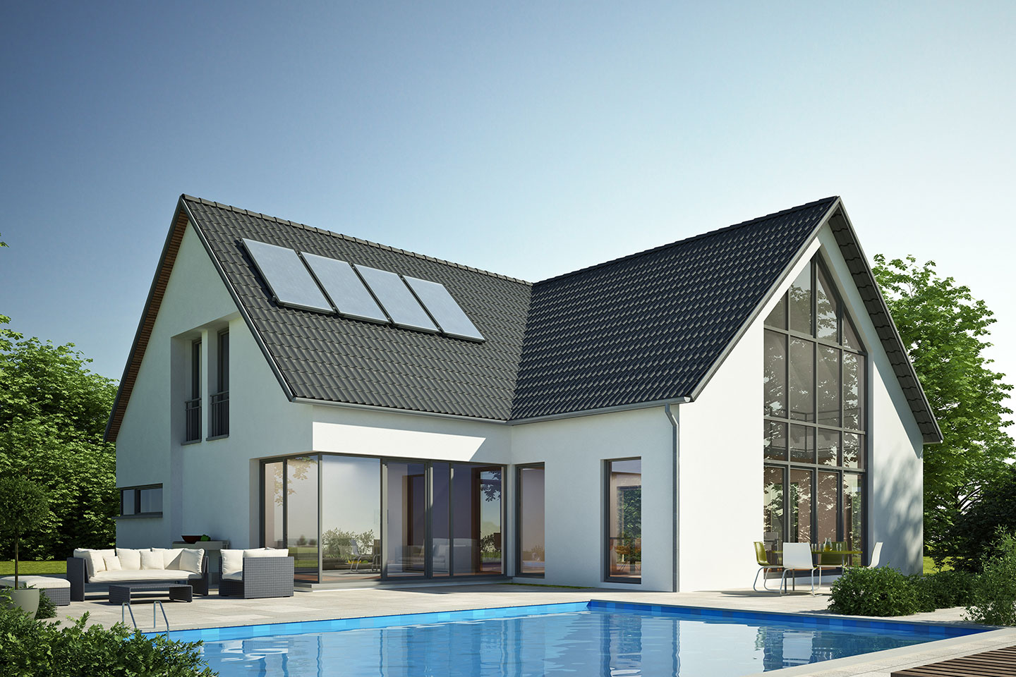 Custom residence with pool, solar array, and floor-to-ceiling glazing — representative of high-end residential construction delivery.