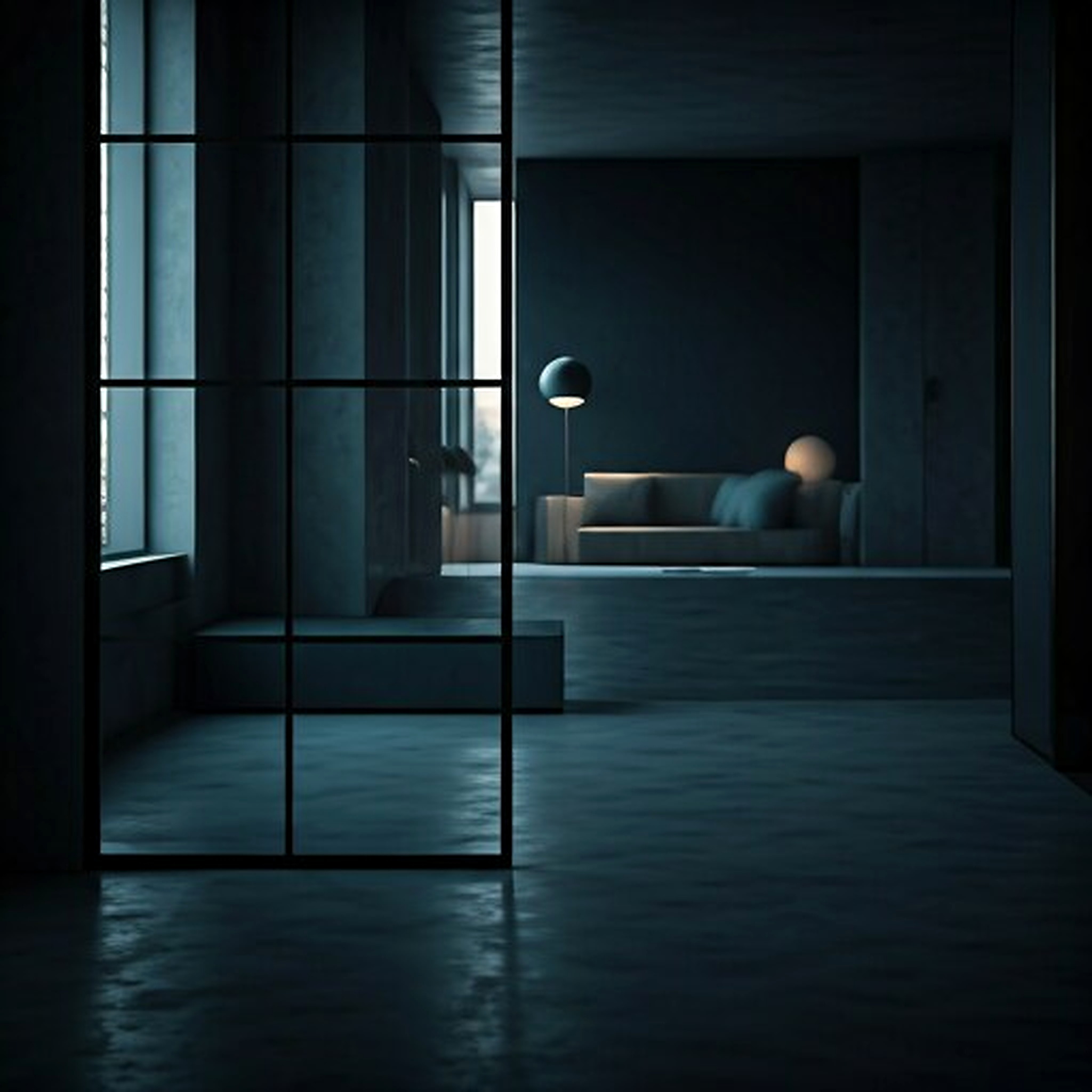 A clean architectural rendering of a high-end bespoke home interior, showing a minimalist living space with polished concrete floors, steel-framed windows, and integrated smart technology. The style is modern industrial with a cold, professional color palette of grays, deep blues, and crisp whites.
