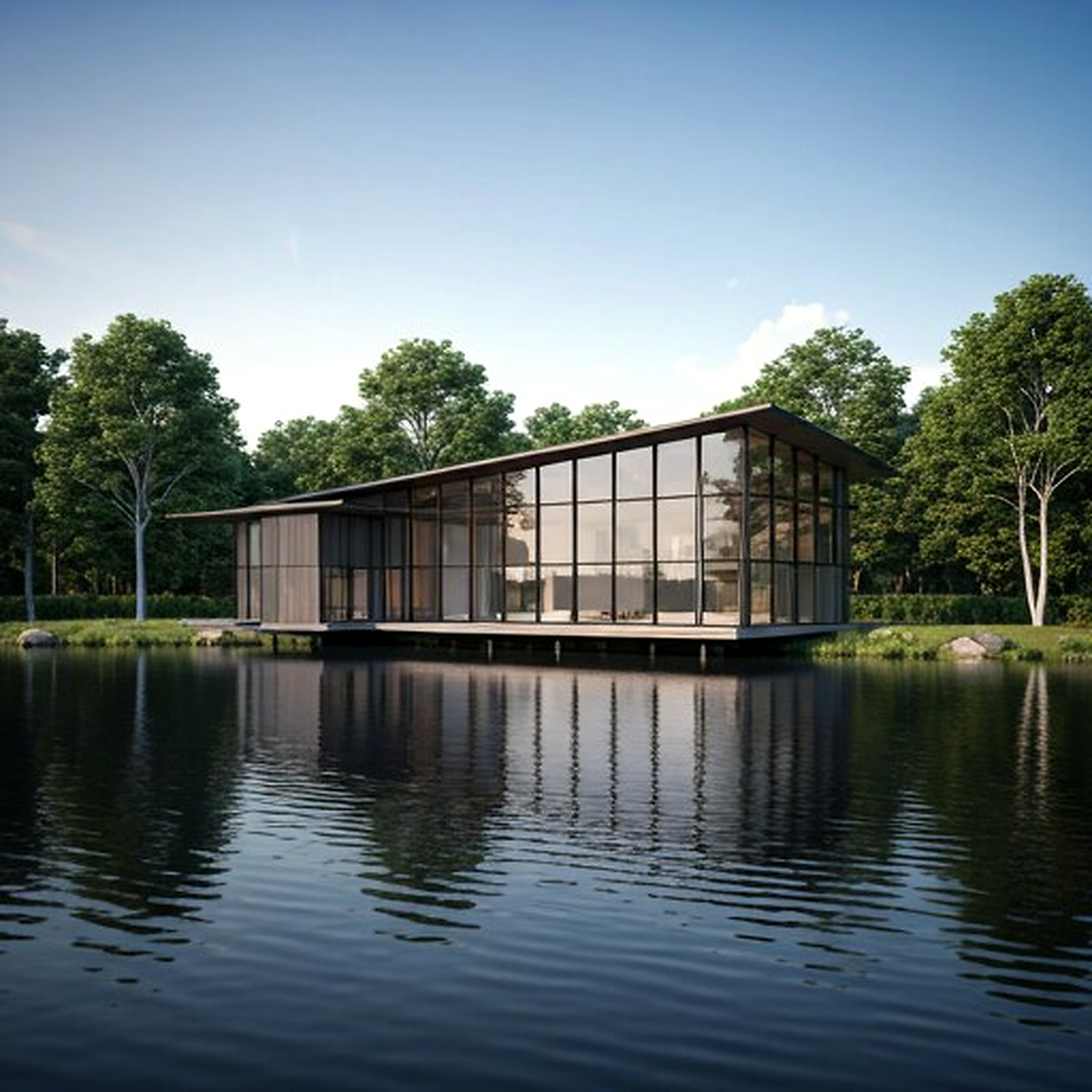 A serene architectural view of the Kettle Lake House, reflecting in the glass-still water of a private lake. The structure features expansive curtain walls and a floating deck platform. The lighting is early morning, soft and diffused, highlighting the crystalline clarity of the windows and the precision of the steel column supports. Corporate minimalist aesthetic.